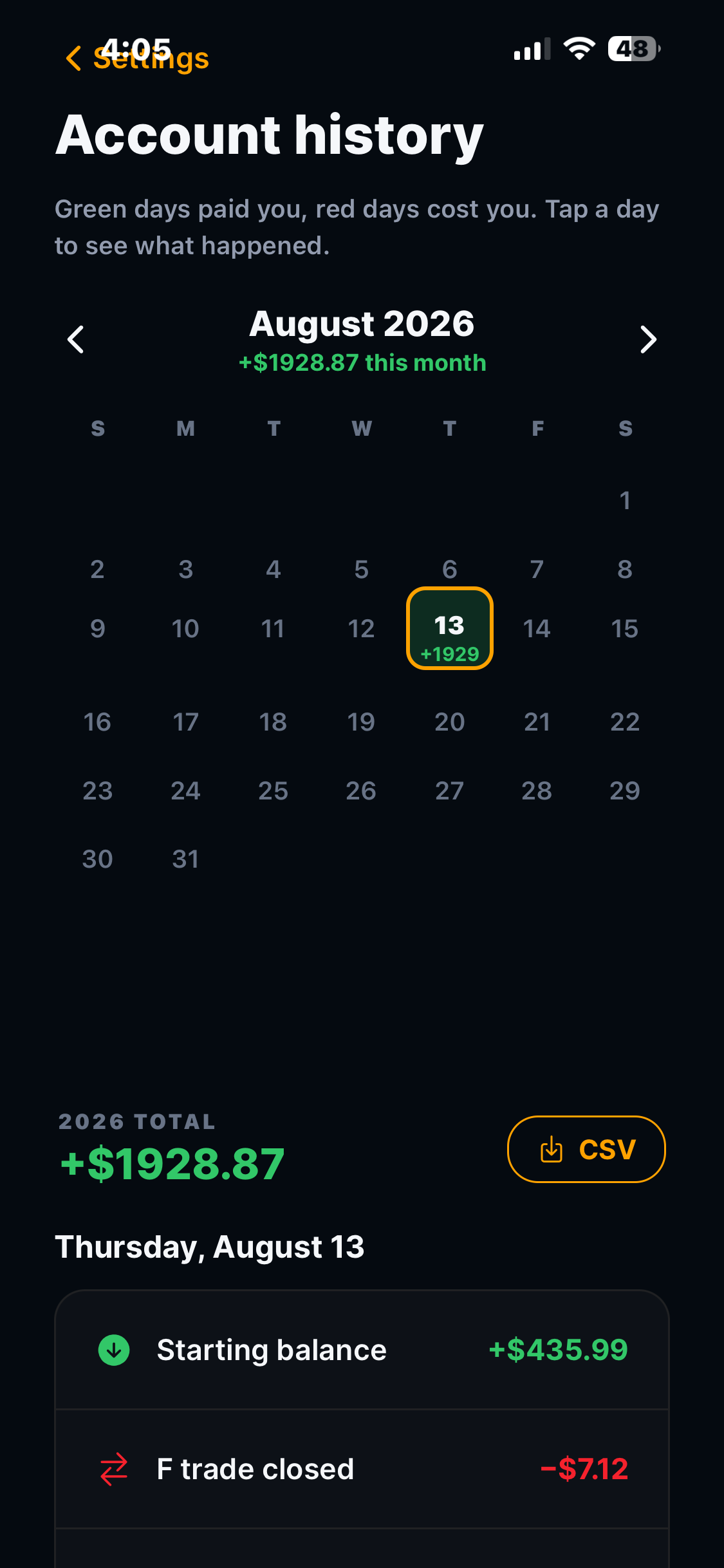 OptionCraft trade history calendar